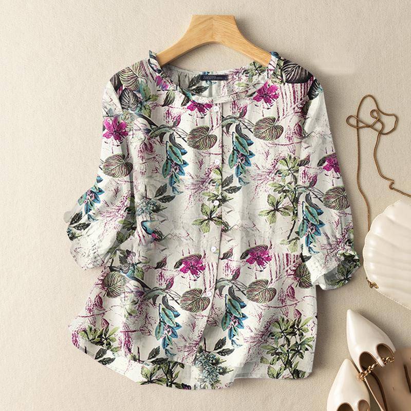 ZANZEA Damen-Bluse, lässig, O-Ausschnitt, 3/4-Ärmel, Sommerbluse mit Blumendruck L dunkel rosa von Joom DACH