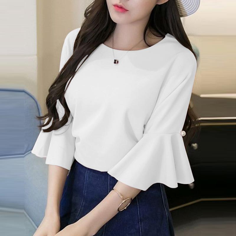 ZANZEA Damen-Bluse mit Rundhalsausschnitt, ausgestelltem 3/4-Ärmel, gerade, einfarbig, lockere Bluse M weiß von Joom DACH