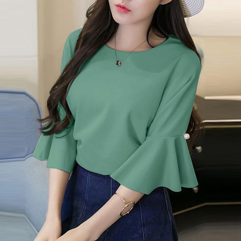 ZANZEA Damen-Bluse mit Rundhalsausschnitt, ausgestelltem 3/4-Ärmel, gerade, einfarbig, lockere Bluse S grün von Joom DACH