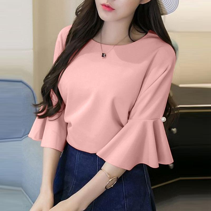 ZANZEA Damen-Bluse mit Rundhalsausschnitt, ausgestelltem 3/4-Ärmel, gerade, einfarbig, lockere Bluse S rosa von Joom DACH