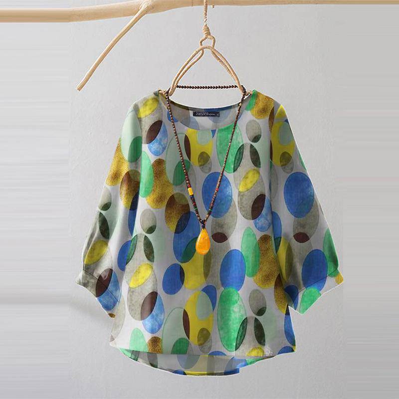 ZANZEA Damen Bluse mit Rundhalsausschnitt und 3/4-Ärmeln, lässiger Aufdruck 4XL blau von Joom DACH