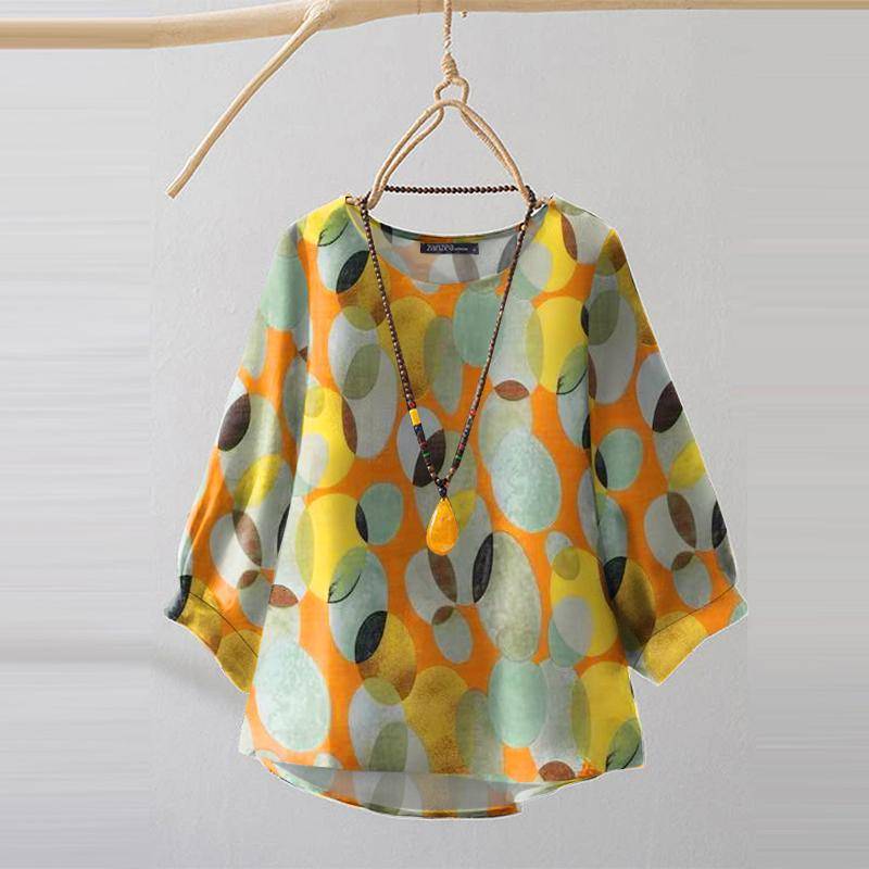 ZANZEA Damen Bluse mit Rundhalsausschnitt und 3/4-Ärmeln, lässiger Aufdruck M gelb von Joom DACH