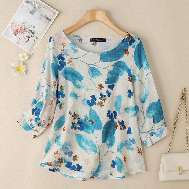 ZANZEA Damen Bluse mit Rundhalsausschnitt und 3/4-Ärmeln, lockerer Aufdruck 2XL blau von Joom DACH