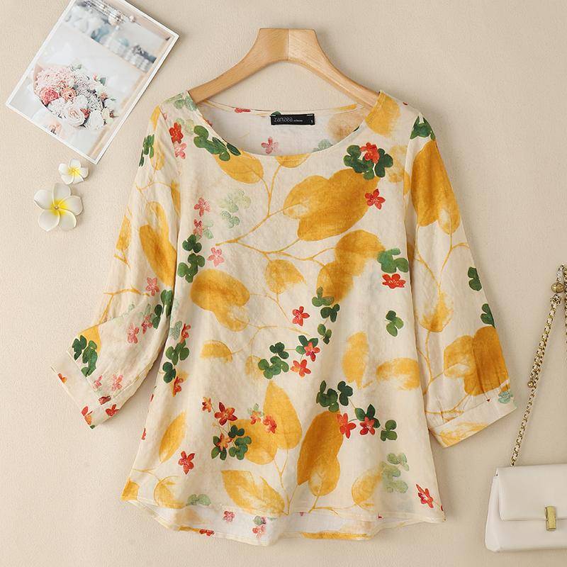 ZANZEA Damen Bluse mit Rundhalsausschnitt und 3/4-Ärmeln, lockerer Aufdruck 5XL gelb von Joom DACH