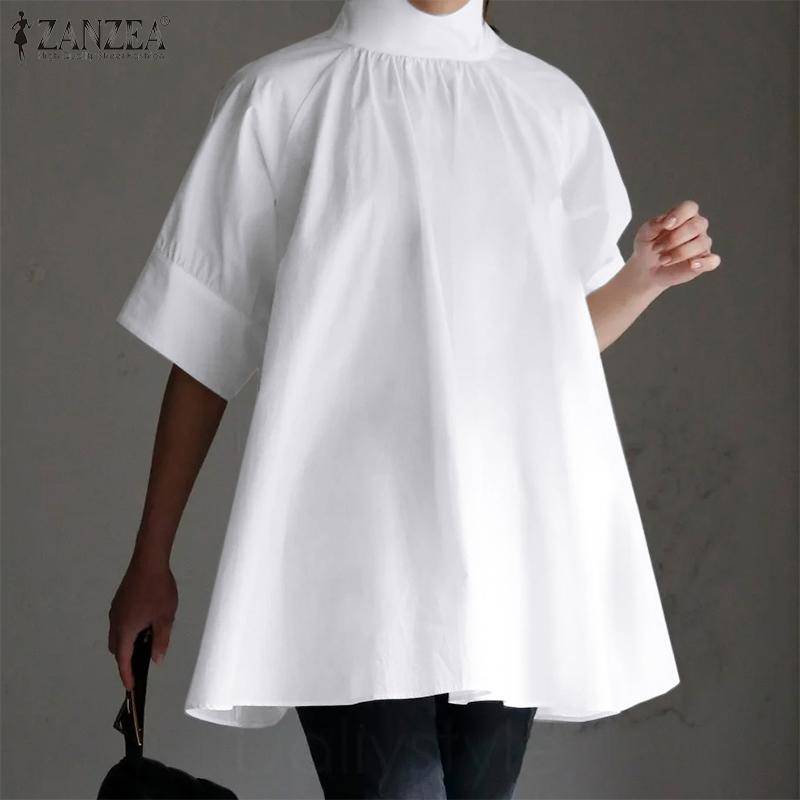 ZANZEA Damen-Bluse mit Stehkragen und halben Ärmeln, einfarbig, lässig, übergroß, unregelmäßig 2XL weiß von Joom DACH