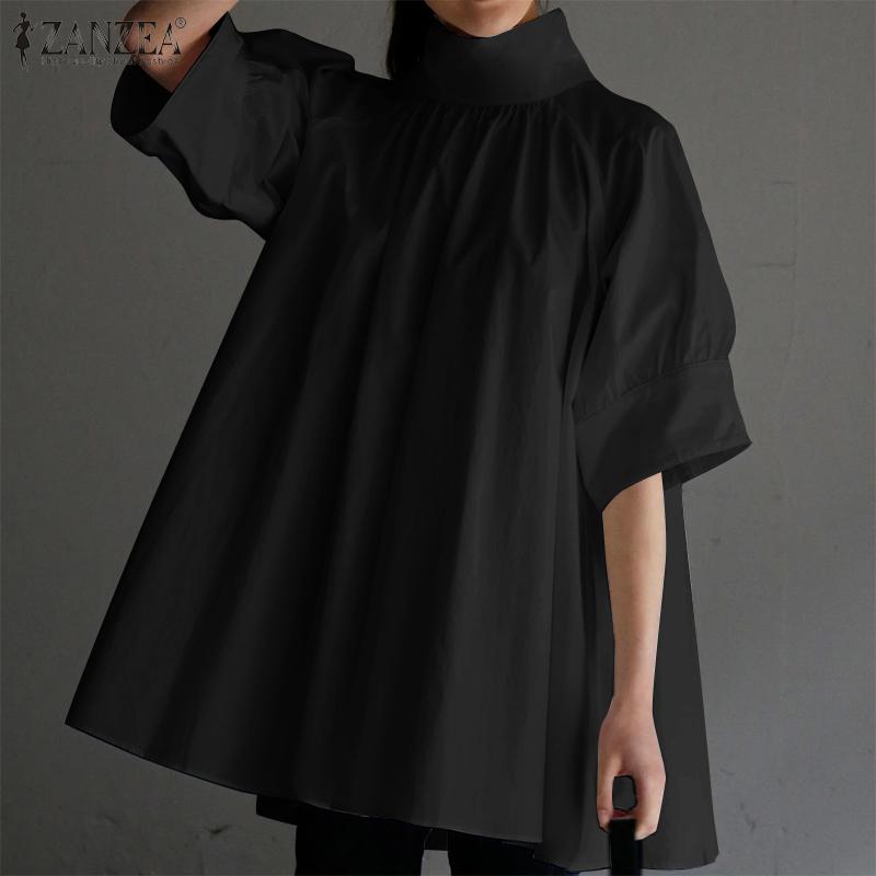 ZANZEA Damen-Bluse mit Stehkragen und halben Ärmeln, einfarbig, lässig, übergroß, unregelmäßig 4XL schwarz von Joom DACH