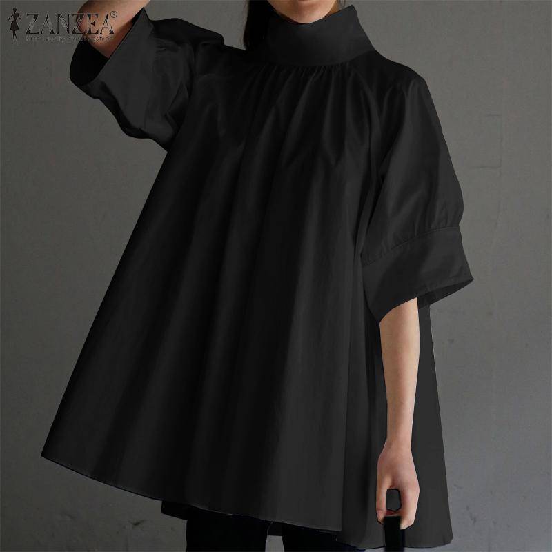 ZANZEA Damen-Bluse mit Stehkragen und halben Ärmeln, einfarbig, lässig, übergroß, unregelmäßig 4XL schwarz von Joom DACH