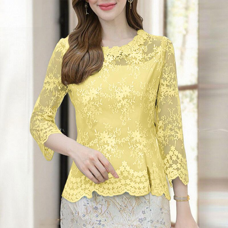 ZANZEA Damen Casual 3/4 Ärmel Hohlspitze Patchwork Bluse 3XL apricot von Joom DACH
