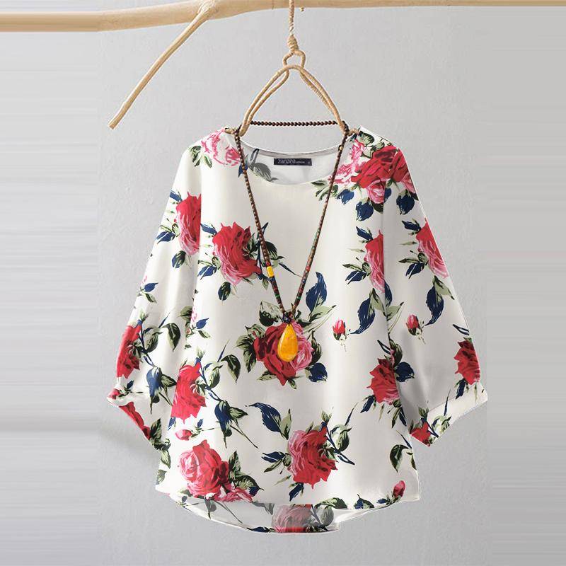 ZANZEA Damen Casual 3/4 Ärmel Lockerer O-Ausschnitt Blumenmuster Bluse 2XL weiß von Joom DACH