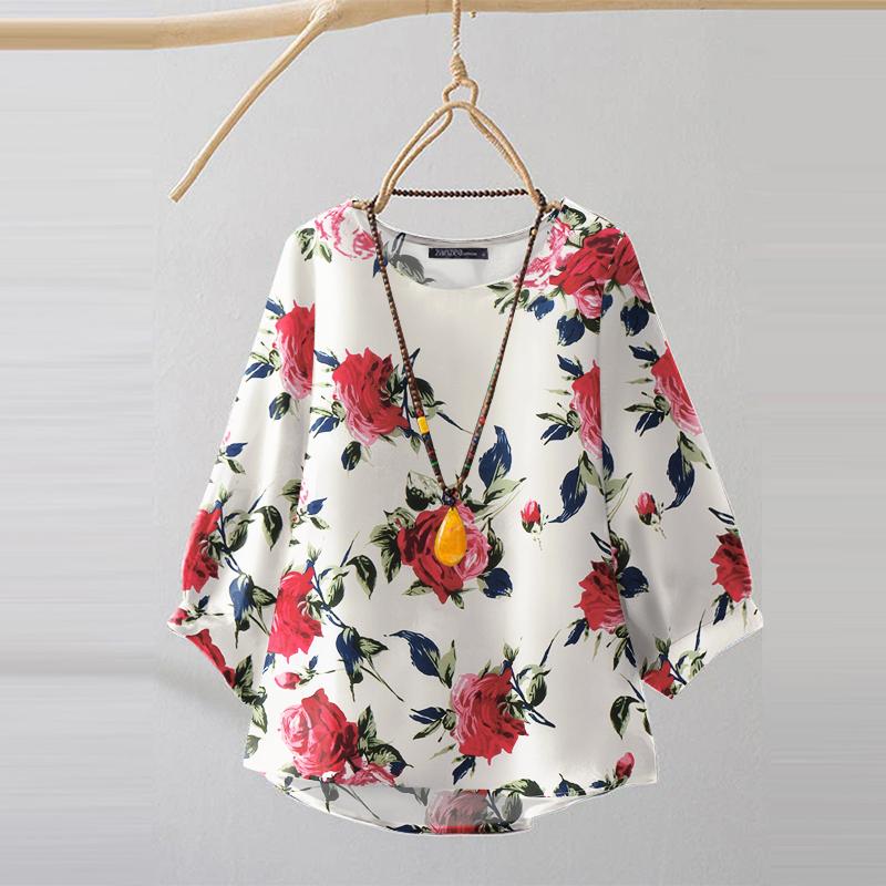 ZANZEA Damen Casual 3/4 Ärmel Lockerer O-Ausschnitt Blumenmuster Bluse 5XL von Joom DACH