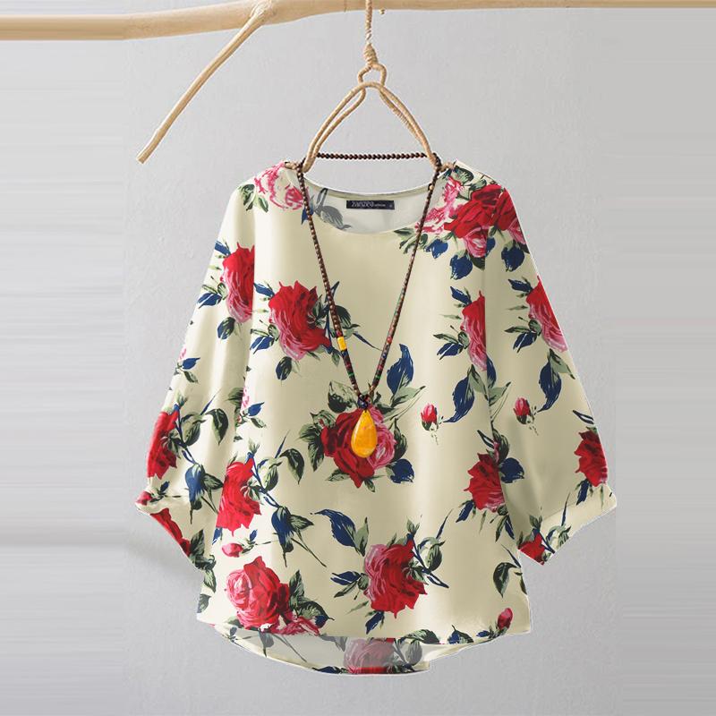 ZANZEA Damen Casual 3/4 Ärmel Lockerer O-Ausschnitt Blumenmuster Bluse S von Joom DACH