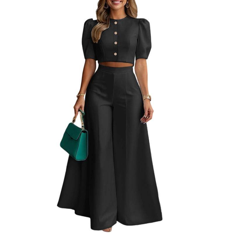 ZANZEA Damen Casual Kurzarm Bluse und Weitbein Hose Sommer Zweiteiler Set S schwarz von Joom DACH