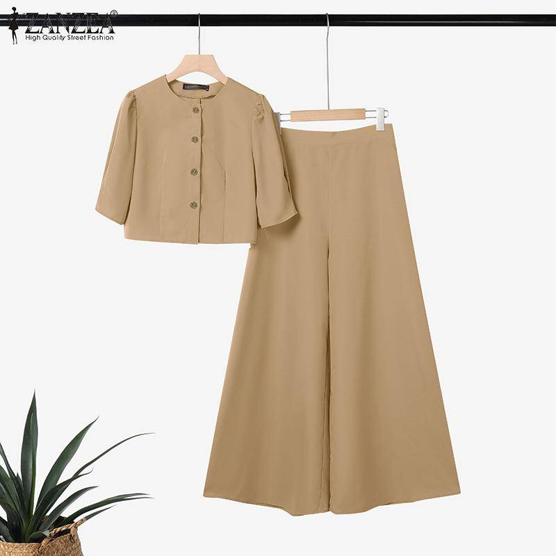 ZANZEA Damen Casual Kurzarm Bluse und Weitbein Hose Sommer Zweiteiler Set S von Joom DACH