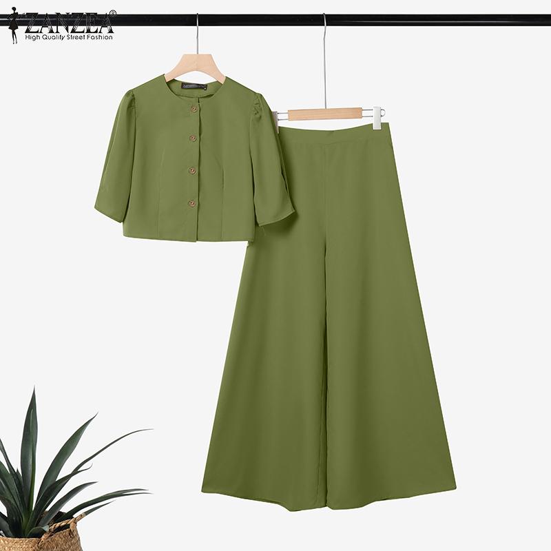 ZANZEA Damen Casual Kurzarm Bluse und Weitbein Hose Sommer Zweiteiler Set XL grün von Joom DACH