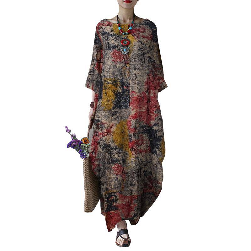 ZANZEA Damen Casual O-Ausschnitt 3/4 Ärmel Retro Print Langes Kleid aus Baumwolle 3XL rot von Joom DACH