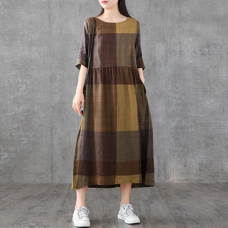 ZANZEA Damen Casual O-Ausschnitt Karomuster Kurzarm Langes Kleid S khaki von Joom DACH