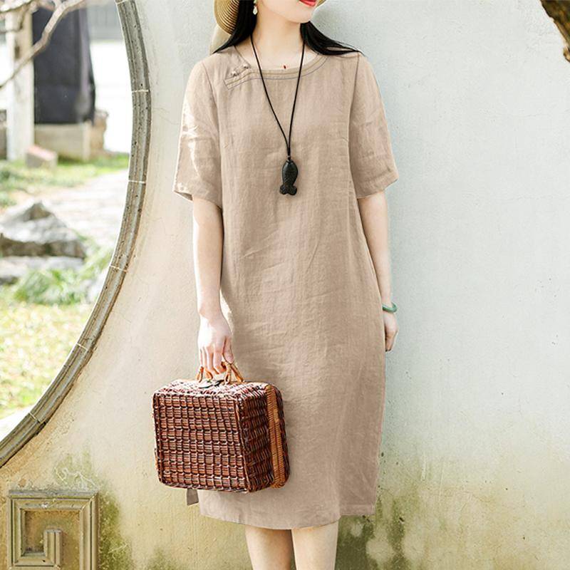 ZANZEA Damen Casual O-Ausschnitt Kurzarm Sommerkleid aus Baumwolle XL beige von Joom DACH