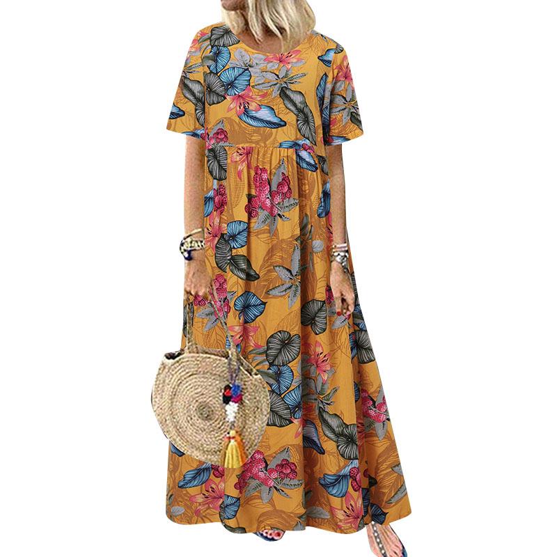 ZANZEA Damen Casual O-Ausschnitt Kurzarm Sommerkleid mit Blumendruck S gelb von Joom DACH