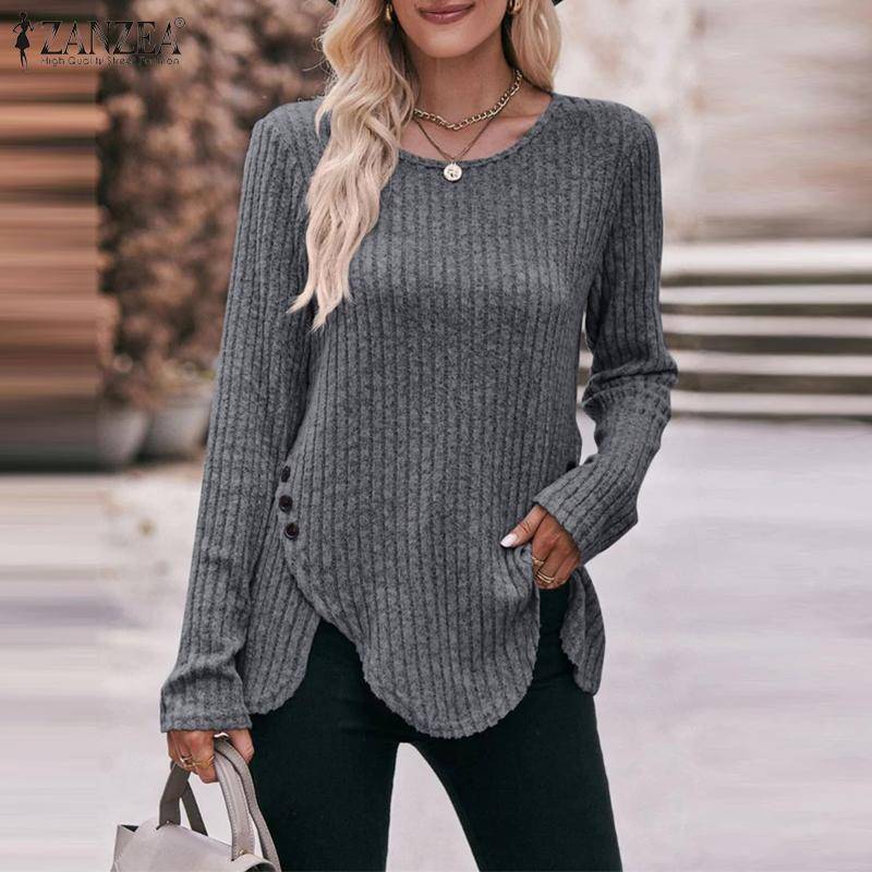 ZANZEA Damen Casual O-Ausschnitt Langarm Herbst Strickpullover Bluse 4XL grau von Joom DACH