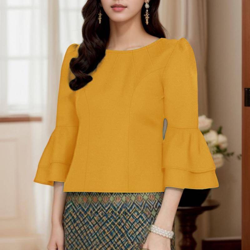 ZANZEA Damen Casual O-Ausschnitt Locker Ausgestellt 3/4-Ärmel Einfache Bluse 3XL gelb von Joom DACH