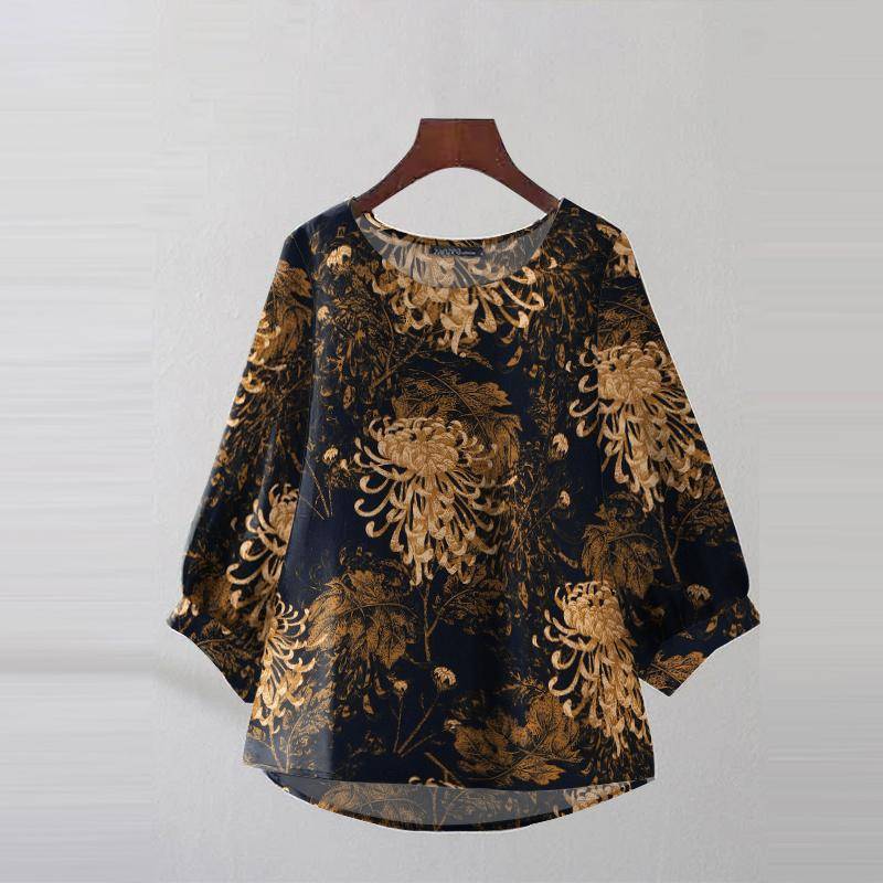 ZANZEA Damen Casual Rundhals 3/4-Ärmel Locker Bedruckte Bluse 4XL dunkelblau von Joom DACH