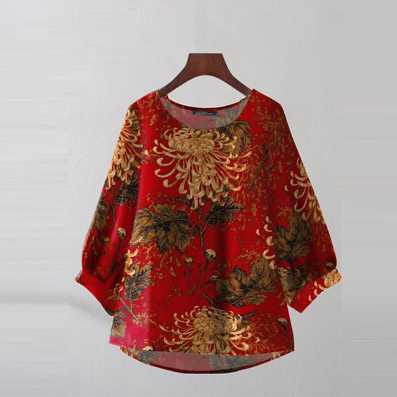 ZANZEA Damen Casual Rundhals 3/4-Ärmel Locker Bedruckte Bluse L rot von Joom DACH
