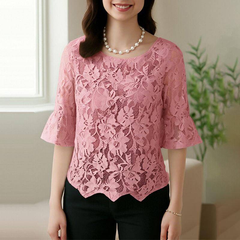 ZANZEA Damen Casual Rundhals Halbarm Patchwork Spitze Bluse 4XL rosa von Joom DACH