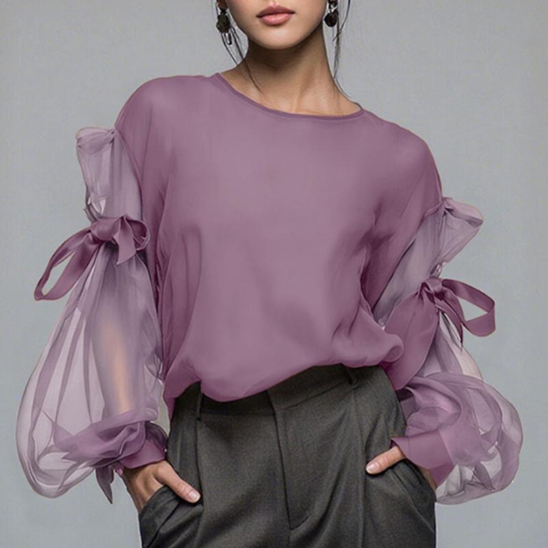 ZANZEA Damen Casual Rundhals Mesh-Einsatz Langarm Bluse 2XL violett von Joom DACH