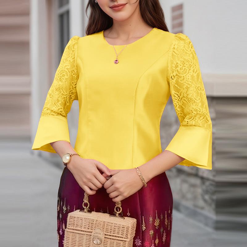 ZANZEA Damen Casual Rundhals Spitze Einsatz 3/4 Ärmel Elegante Bluse 2XL gelb von Joom DACH