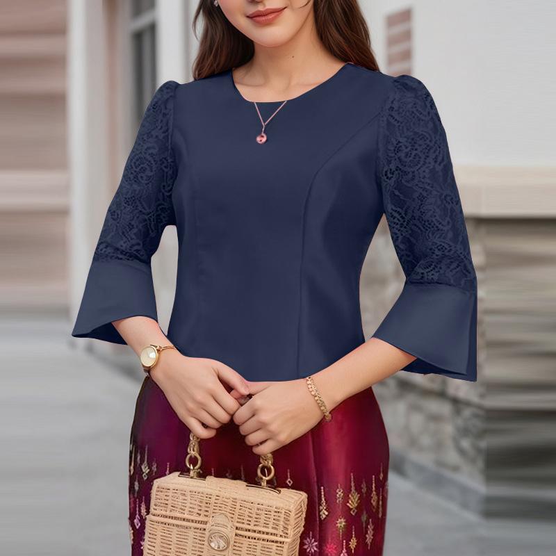 ZANZEA Damen Casual Rundhals Spitze Einsatz 3/4 Ärmel Elegante Bluse L dunkelblau von Joom DACH