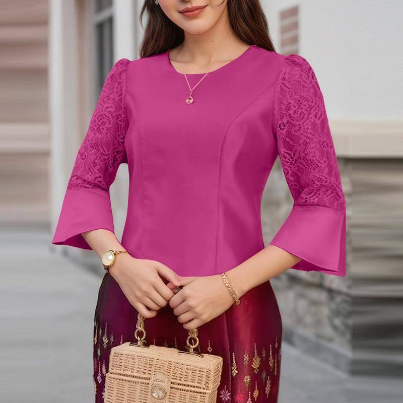 ZANZEA Damen Casual Rundhals Spitze Einsatz 3/4 Ärmel Elegante Bluse M claret von Joom DACH