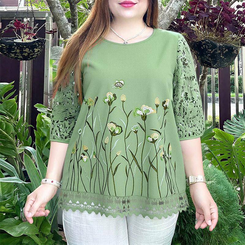 ZANZEA Damen Casual Rundhals Spitze Häkelspitze Spleiß 3/4 Ärmel Locker Stickerei Bluse 3XL grün von Joom DACH