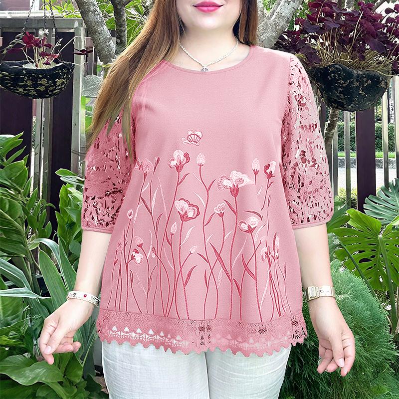 ZANZEA Damen Casual Rundhals Spitze Häkelspitze Spleiß 3/4 Ärmel Locker Stickerei Bluse 5XL von Joom DACH