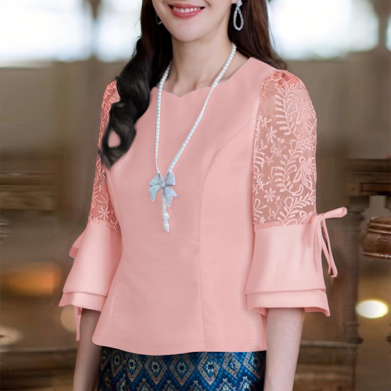 ZANZEA Damen Casual Rundhals Spitze Patchwork 3/4 Ärmel Sommer Bluse 2XL rosa von Joom DACH