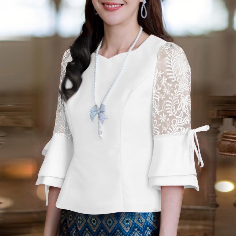 ZANZEA Damen Casual Rundhals Spitze Patchwork 3/4 Ärmel Sommer Bluse 4XL weiß von Joom DACH