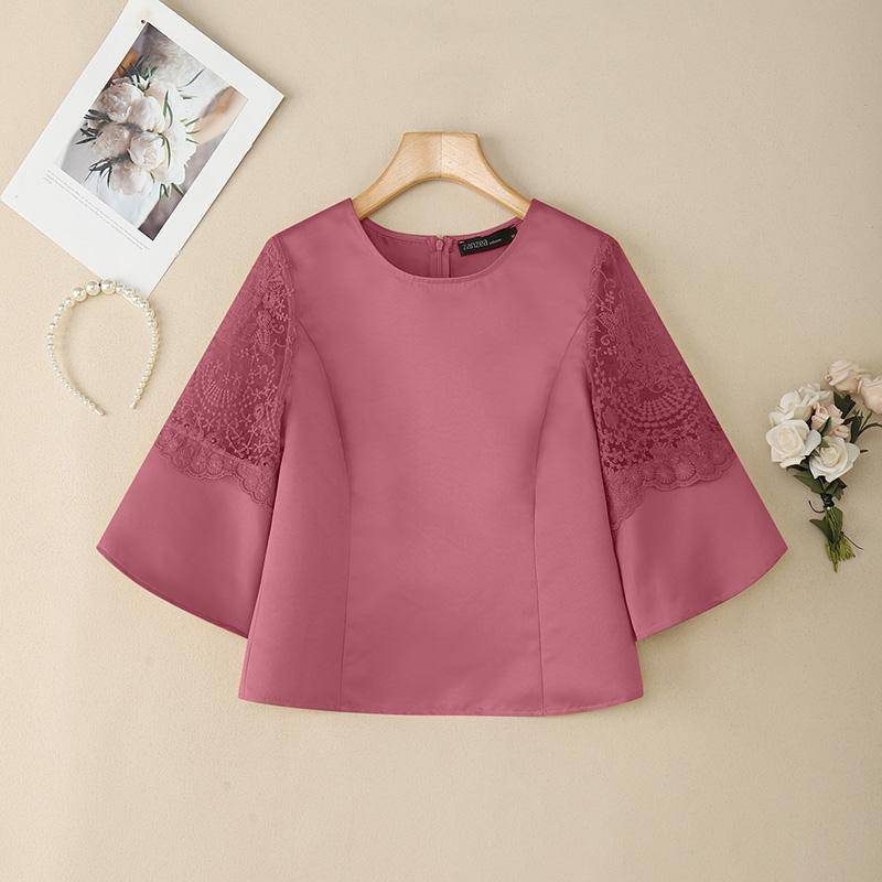ZANZEA Damen Casual Rundhals Spitzen-Patchwork Sommer 3/4-Ärmel Bluse 2XL von Joom DACH