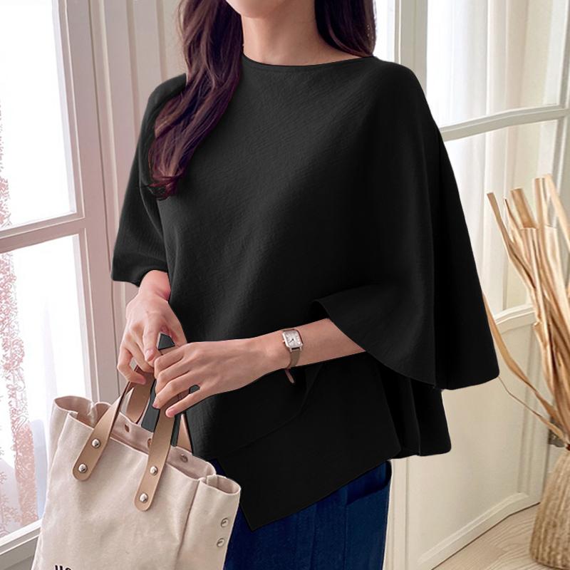 ZANZEA Damen Casual U-Boot-Ausschnitt 3/4 Ärmel Einfarbig Locker Unregelmäßiger Saum Bluse 4XL von Joom DACH