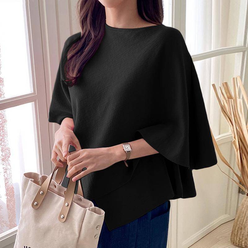 ZANZEA Damen Casual U-Boot-Ausschnitt 3/4 Ärmel Einfarbig Locker Unregelmäßiger Saum Bluse 5XL schwarz von Joom DACH