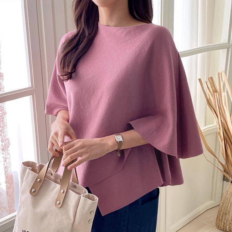 ZANZEA Damen Casual U-Boot-Ausschnitt 3/4 Ärmel Einfarbig Locker Unregelmäßiger Saum Bluse S violett von Joom DACH