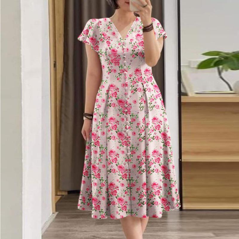 ZANZEA Damen Casual V-Ausschnitt Kurzarm Sommerkleid mit Blumendruck 2XL rosa von Joom DACH