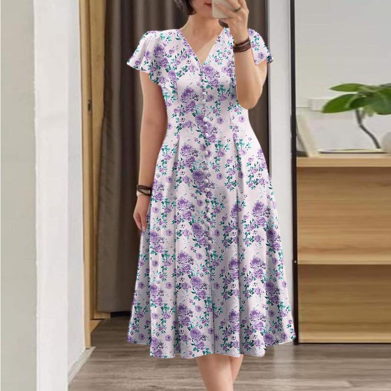 ZANZEA Damen Casual V-Ausschnitt Kurzarm Sommerkleid mit Blumendruck 4XL violett von Joom DACH