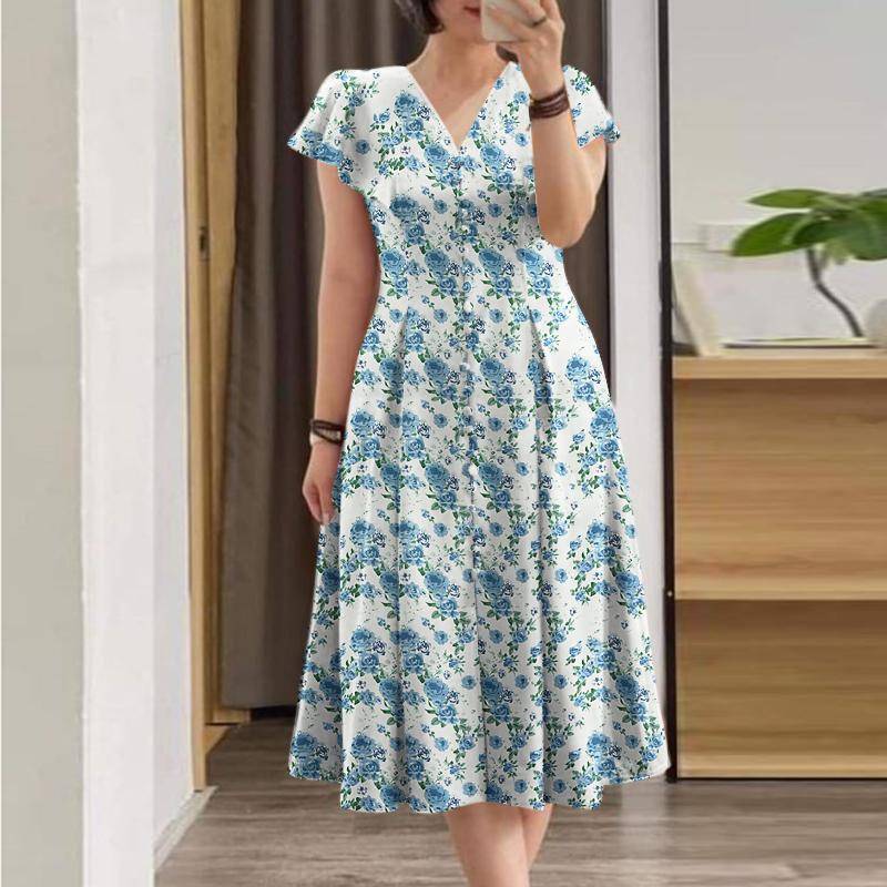 ZANZEA Damen Casual V-Ausschnitt Kurzarm Sommerkleid mit Blumendruck L blau von Joom DACH