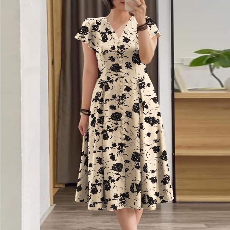 ZANZEA Damen Casual V-Ausschnitt Kurzarm Sommerkleid mit Blumendruck beige von Joom DACH