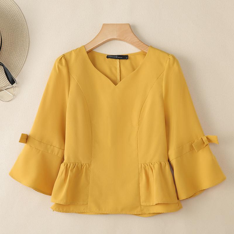 ZANZEA Damen Casual V-Ausschnitt Locker 3/4 Ärmel Einfarbige Bluse 3XL gelb von Joom DACH