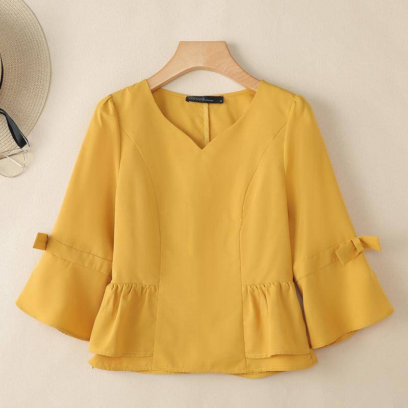 ZANZEA Damen Casual V-Ausschnitt Locker 3/4 Ärmel Einfarbige Bluse 3XL gelb von Joom DACH