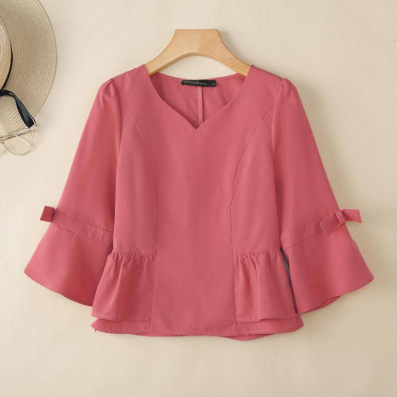 ZANZEA Damen Casual V-Ausschnitt Locker 3/4 Ärmel Einfarbige Bluse L cameo rosa von Joom DACH
