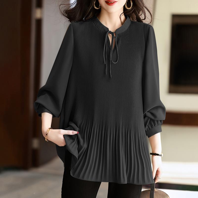 ZANZEA Damen Casual V-Ausschnitt Locker Langarm Plissierte Bluse schwarz von Joom DACH