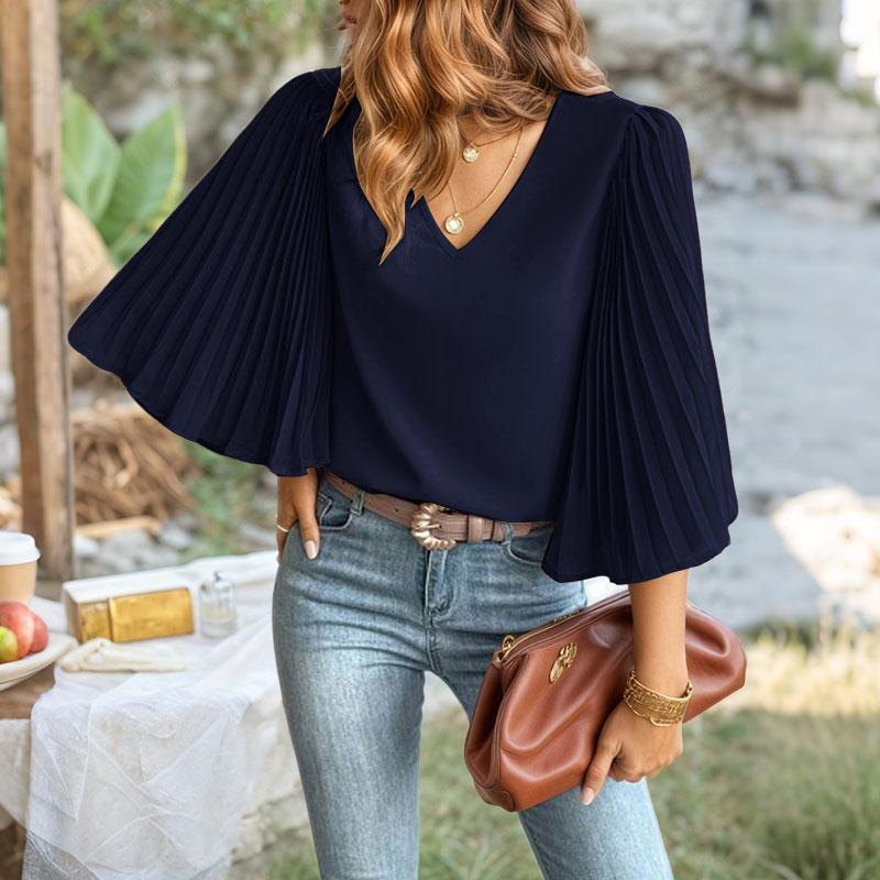 ZANZEA Damen Casual V-Ausschnitt Plissee 3/4-Ärmel Lockere Bluse M dunkelblaue von Joom DACH