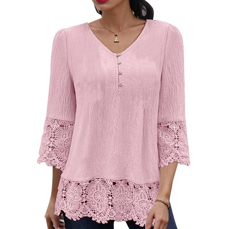 ZANZEA Damen Casual V-Ausschnitt Spitze Splice 3/4 Ärmel Lose Bluse M rosa von Joom DACH