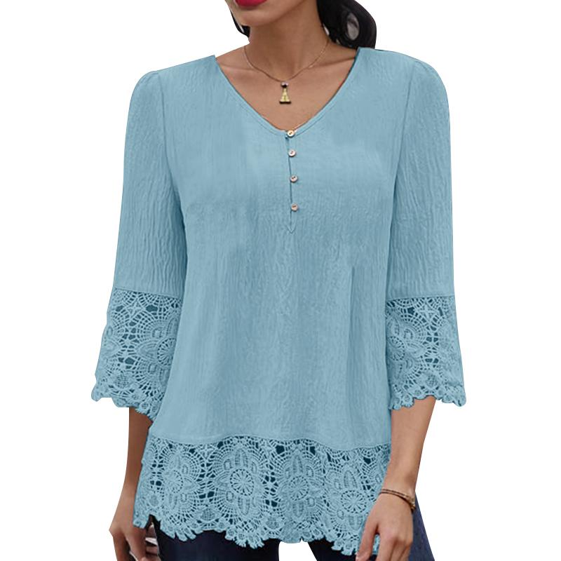 ZANZEA Damen Casual V-Ausschnitt Spitze Splice 3/4 Ärmel Lose Bluse XL blau von Joom DACH